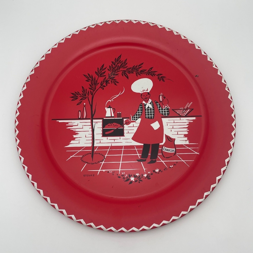 Stoyke BBQ Chef Red Round Metal Chef Pizza Pan Grill Vintage MCM 1950s Tray